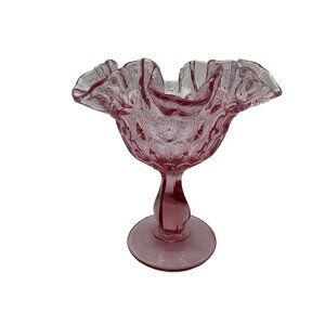 Fenton Vintage Thumbprint Rose Colored Compote MCM Collectible Crimped Rim